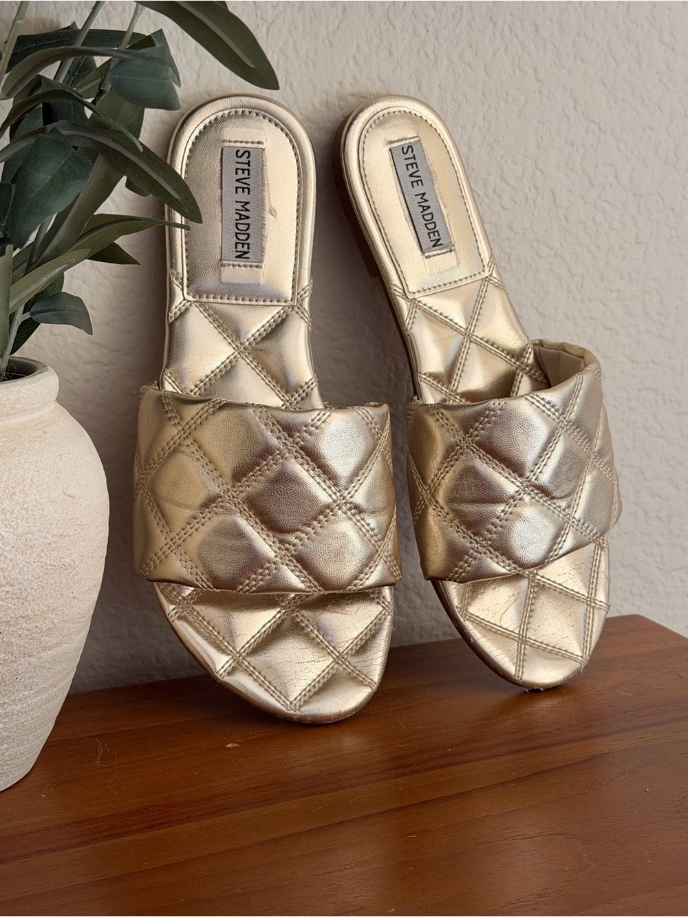 Steve Madden Metallic Quilted Slide Mules in Gold